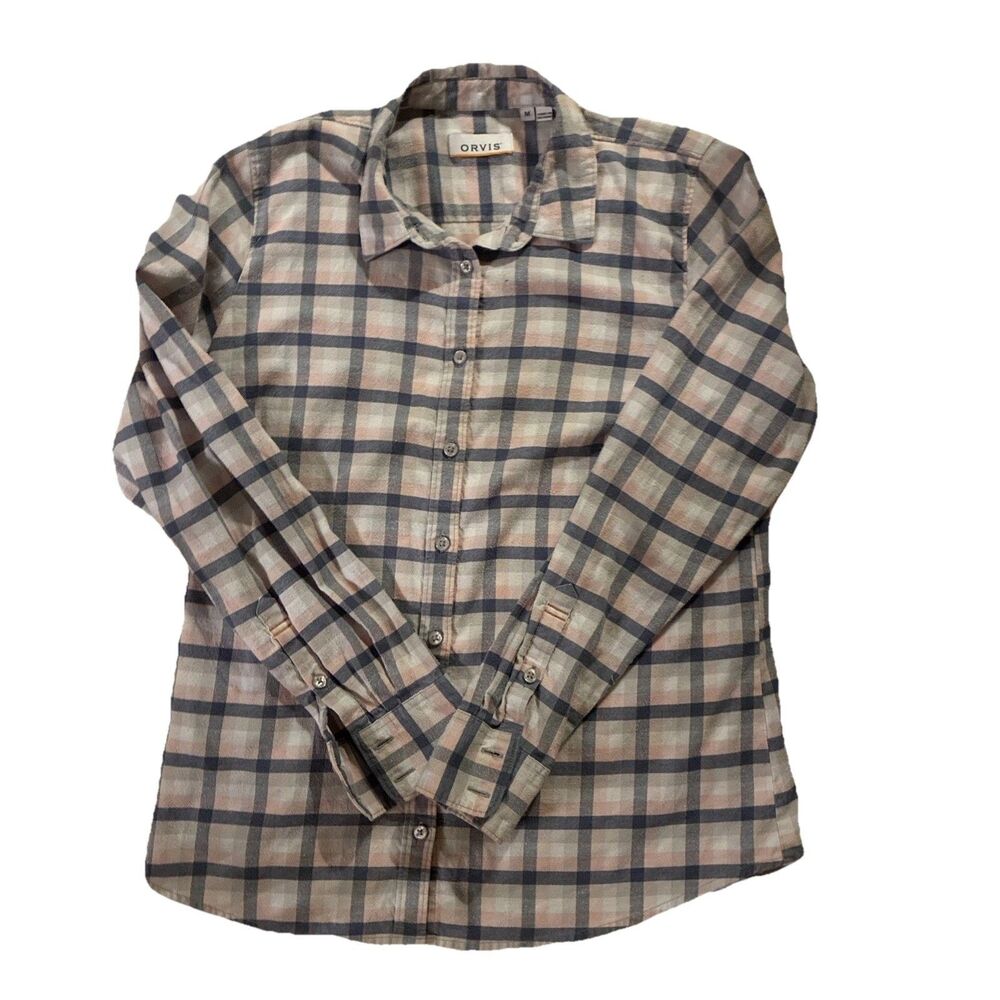 Orvis Shirt Women’s Medium Blue Pink Plaid Long Sleeve Button Up Outdoor Flannel